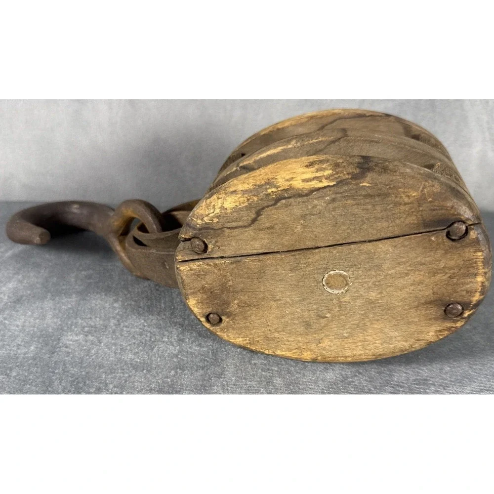 Antique Vintage DOUBLE BLOCK & Tackle Pulley‎ Hook Wood Primitive